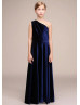 One Shoulder Navy Blue Velvet Long Flower Girl Dress